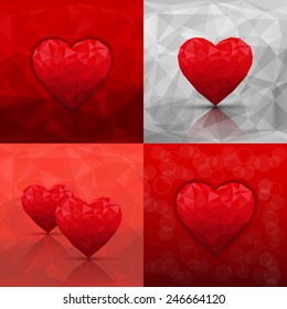 Set of abstract backgrounds with hearts in modern triangle style. Vector illustration 