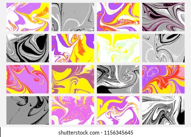 Conjunto de fondos abstractos. Texturas de mármol de tinta en color. Exposiciones de mármol pintadas a mano, papel acuático y estampas de seda. Técnica tradicional turca para la exquisitez. Pintura sobre el agua.