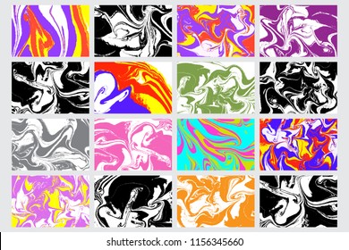 Set of abstract backgrounds. Ink marbling textures in color. Hand drawn colourful marble illustrations, ebru aqua paper and silk prints. Traditional Turkish ebru technique. Painting on water.