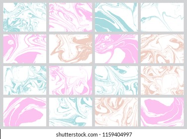 Set of abstract backgrounds. Ink marbling textures. Hand drawn marble illustrations, ebru aqua paper and silk prints. Traditional Turkish ebru technique. Painting on water.