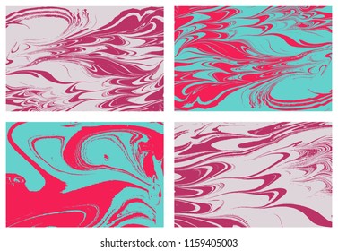 Set of abstract backgrounds. Ink marbling textures. Hand drawn marble illustrations, ebru aqua paper and silk prints. Traditional Turkish ebru technique. Painting on water.