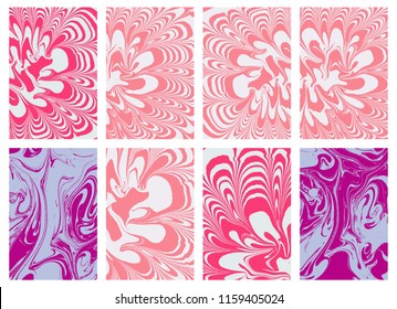 Set of abstract backgrounds. Ink marbling textures. Hand drawn marble illustrations, ebru aqua paper and silk prints. Traditional Turkish ebru technique. Painting on water.