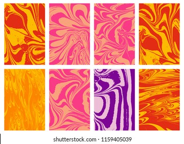 Set of abstract backgrounds. Ink marbling textures. Hand drawn marble illustrations, ebru aqua paper and silk prints. Traditional Turkish ebru technique. Painting on water.