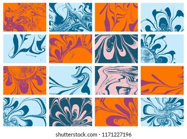 Set of abstract backgrounds. Ink marbling textures. Hand drawn marble illustrations, ebru aqua paper and silk prints. Traditional Turkish ebru technique. Painting on water.