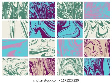 Set of abstract backgrounds. Ink marbling textures. Hand drawn marble illustrations, ebru aqua paper and silk prints. Traditional Turkish ebru technique. Painting on water.