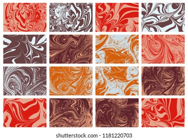 Set of abstract backgrounds. Ink marbling textures. Hand drawn marble illustrations, ebru aqua paper and silk prints. Traditional Turkish ebru technique. Painting on water.