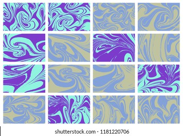 Set of abstract backgrounds. Ink marbling textures. Hand drawn marble illustrations, ebru aqua paper and silk prints. Traditional Turkish ebru technique. Painting on water.