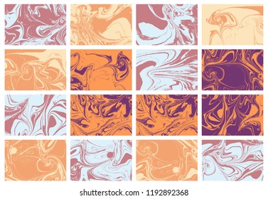 Set of abstract backgrounds. Ink marbling textures. Hand drawn marble illustrations, ebru aqua paper and silk prints. Traditional Turkish ebru technique. Painting on water.