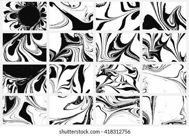 Set of abstract backgrounds. Ink marbling textures. Black and white. Hand drawn marble illustrations, ebru aqua paper and silk prints. Traditional Turkish ebru technique. Painting on water.