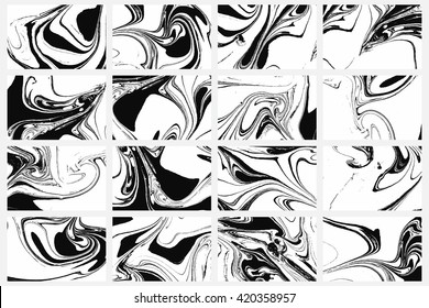 Set of abstract backgrounds. Ink marbling textures. Black and white. Hand drawn marble illustrations, ebru aqua paper and silk prints. Traditional Turkish ebru technique. Painting on water.