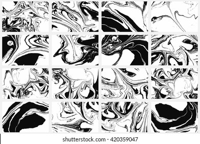 Set of abstract backgrounds. Ink marbling textures. Black and white. Hand drawn marble illustrations, ebru aqua paper and silk prints. Traditional Turkish ebru technique. Painting on water.