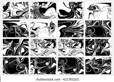 Set of abstract backgrounds. Ink marbling textures. Black and white. Hand drawn marble illustrations, ebru aqua paper and silk prints. Traditional Turkish ebru technique. Painting on water.