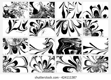 Set of abstract backgrounds. Ink marbling textures. Black and white. Hand drawn marble illustrations, ebru aqua paper and silk prints. Traditional Turkish ebru technique. Painting on water.