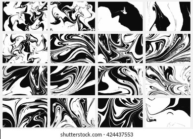 Set Of Abstract Backgrounds. Ink Marbling Textures. Black And White. Hand Drawn Marble Illustrations, Ebru Aqua Paper And Silk Prints. Traditional Turkish Ebru Technique. Painting On Water.