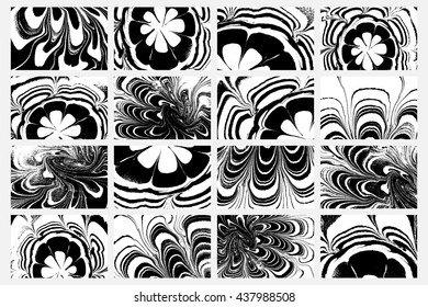 Set of abstract backgrounds. Ink marbling textures. Black and white. Hand drawn marble illustrations, ebru aqua paper and silk prints. Traditional Turkish ebru technique. Painting on water.