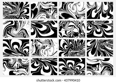 Set of abstract backgrounds. Ink marbling textures. Black and white. Hand drawn marble illustrations, ebru aqua paper and silk prints. Traditional Turkish ebru technique. Painting on water.