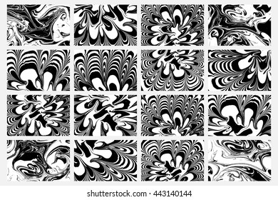 Set of abstract backgrounds. Ink marbling textures. Black and white. Hand drawn marble illustrations, ebru aqua paper and silk prints. Traditional Turkish ebru technique. Painting on water.