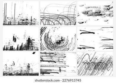 Set of abstract backgrounds. Ink scribble textures as cards. Black and white. Hand drawn illustrations prints. Abstract light trails painting. Pencil drawing strokes. Vector design elements stains set