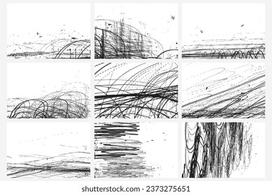 Set of abstract backgrounds ink scribble textures. Black and white overlay. Hand drawn illustrations prints. Abstract light trails painting. Pencil drawing strokes. Vector design elements stains 