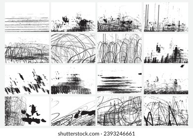 Set of abstract backgrounds. Ink scribble textures as cards. Black and white. Hand drawn illustrations prints. Abstract light trails painting. Pencil drawing strokes. Vector design elements stains set