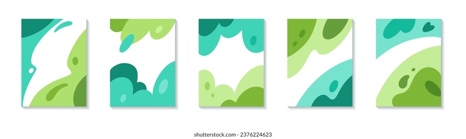 Set with abstract backgrounds for kids products. Templates for design. Bright abstract shapes, lines and spots, bushes, grass, greens. Shades of green. 