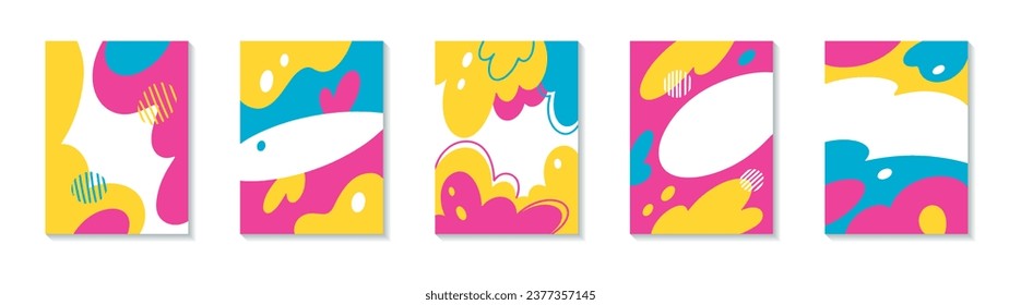Set with abstract backgrounds for kids products. Templates for design. Bright abstract shapes, lines, waves and spots. Pink, blue and yellow.