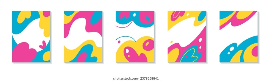 Set with abstract backgrounds for kids products. Templates for design. Bright abstract shapes, lines, waves and spots. Pink, blue and yellow.