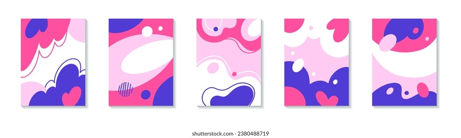 Se trata de un conjunto con fondos abstractos para productos infantiles. Plantillas de diseño. Formas, líneas y puntos abstractos luminosos. Rosa, morado y blanco.