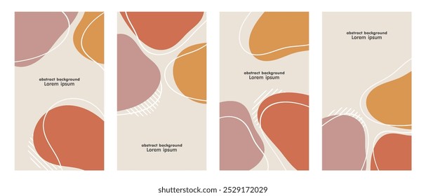 Set of abstract backgrounds with liquid organic shapes and hand draw doodle circle line. fluid shapes. pastel colors. minimalist vertical design banners. vector illustration.