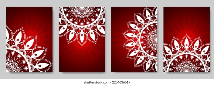 conjunto de antecedentes abstractos con ornamentos de mandala.  el diseño de fondo rojo se puede usar para textiles, tarjetas de felicitación, cubiertas.