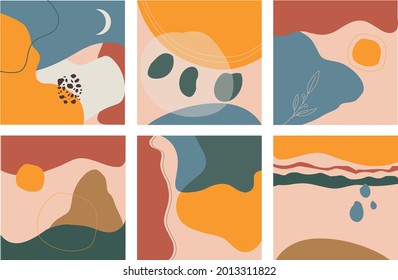 A set of abstract backgrounds. Modern fashion vector illustrations, pastel colors. Hand-drawn doodles of various shapes, spots, drops, leaves, plants... Each background is isolated.