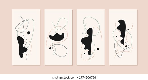 A set of abstract backgrounds in a modern trendy style. Vertical creative posters with simple flat organic shapes and lines. Compositions of color spots. Vector illustration.