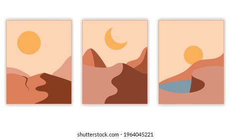 Set of abstract backgrounds mountain landscape, sea or lake, sky, sun or moon. Modern art flat style in pastel colors.