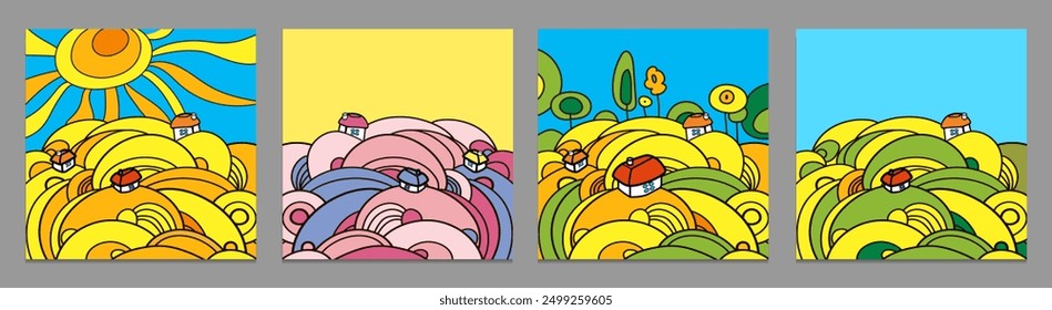 Set of abstract backgrounds of nature, landscape, sun, forest, field. Fun abstract contemporary modern trendy vector illustrations. Colorful cartoon cute concept with freehand doodles. Eps 10. Not AI