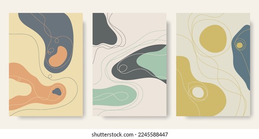 Set of abstract backgrounds with organic flowing shapes and freehand drawn lines. Vector illustration in pastel colors. Template for booklet, flyer, cover, magazine, invitation.