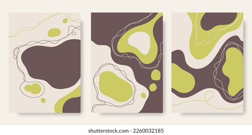 Set of abstract backgrounds with organic flowing shapes and freehand drawn lines. Vector illustration in pastel colors. Template for booklet, flyer, cover, magazine, invitation.