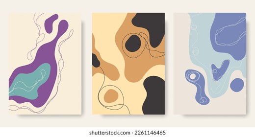Conjunto de fondos abstractos con formas orgánicas de flujo y líneas dibujadas a mano alzada. Ilustración vectorial en colores pastel. Plantilla para folleto, volante, portada, revista, invitación.