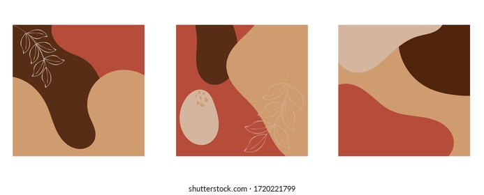 Set of abstract backgrounds with organic shapes and hand draw leaves in pastel colors. Modern background for beauty branding design. Vector illustration.