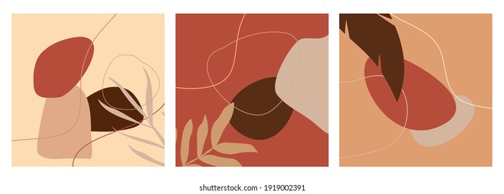 Conjunto de fondos abstractos con formas orgánicas y hojas dibujadas a mano en colores pastel. Marco moderno para el diseño de marca de belleza. Ilustración vectorial.