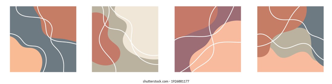 Set of abstract backgrounds with organic shapes and hand draw line in pastel colors on white. Modern background for beauty branding design. Vector illustration.
