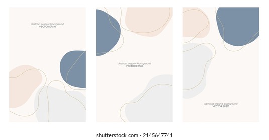 Set of abstract backgrounds with organic shapes and hand draw line in pastel earth tone colors. Minimal modern design template with space for text. Vector illustration.