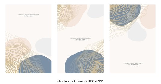 Set of abstract backgrounds with organic shapes and hand draw line in pastel earth tone colors and gold wavy line. Minimal luxury modern design template with space for text. Vector illustration.