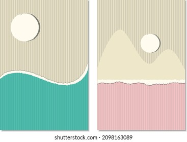 A set of abstract backgrounds, paintings in pastel shades. Mountains, sun, sunset. Striped background, poster, banner, cover, wallpaper