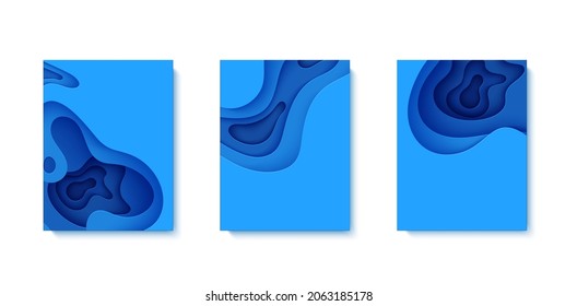 Set of abstract backgrounds in paper cut style. 3d wallpaper with cut out deep waves modern cover. Blue color layers with smooth shadow papercut art. Vector card illustration, origami geometric shapes