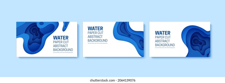 Set of abstract backgrounds in paper cut style. 3d wallpaper with cut out deep waves modern cover. Blue color layers with smooth shadow papercut art. Vector card illustration, origami geometric shapes