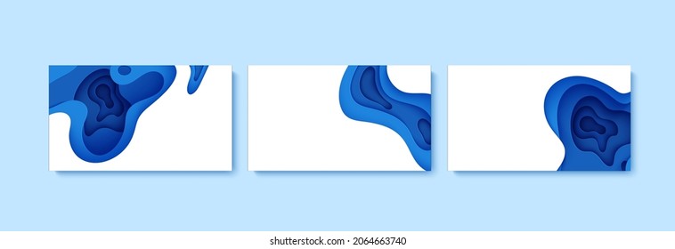 Conjunto de fondos abstractos en estilo de corte de papel. Papel tapizado en 3d con ondas profundas y cubierta moderna. capas de color azul con una sombra suave en el papel. Ilustración de la tarjeta vectorial, formas geométricas del origami