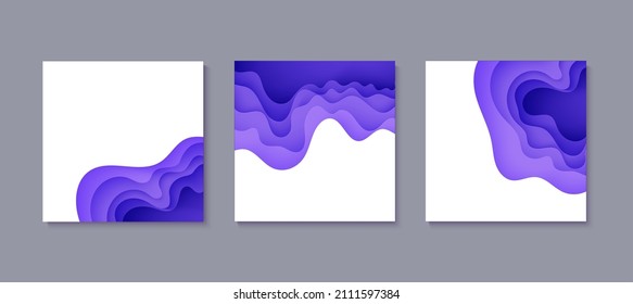 Set of abstract backgrounds in paper cut style. 3d purple and white colors waves with smooth shadow. Vector illustration with layered curve line shape squared composition of liquid layers in papercut