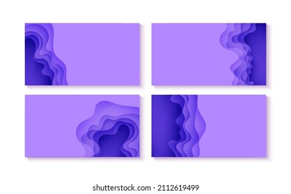 Conjunto de fondos abstractos en estilo de corte de papel. 3 d colores púrpura ondas con sombra suave. Ilustración vectorial con forma de línea curva en capas. Composición rectangular de las capas líquidas en papel