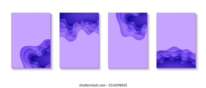 Set of abstract backgrounds in paper cut style. 3d purple colors waves with smooth shadow. Vector illustration with layered curved line shape. Rectangular composition of liquid layers in papercut