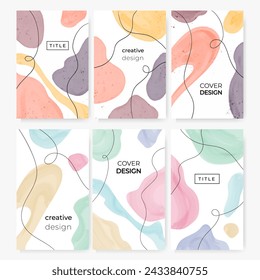 Set of abstract backgrounds in pastel colors. Hand drawn doodle various shapes with text. Modern trendy vector cards. 